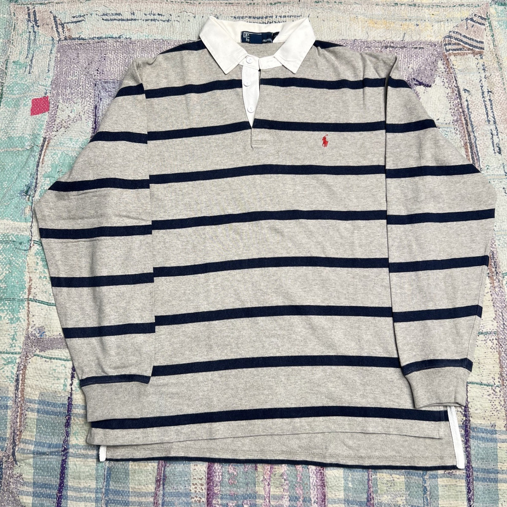 Polo Ralph Lauren Rugby Shirt Men M Blue Grey Striped Long Sleeve Classic Pony